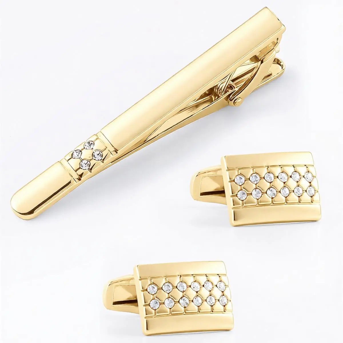 Men's Cuff Links & Tie Clip Set, Classic Diamond-Encrusted Metal Alloy Jewellery with Shirt Studs for Formal Events & Business, Dandy, Prom