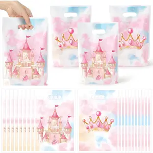 50PCS Watercolor Princess Party Favor Bags, Pink Princess Castle Theme Plastic Goodie Gift Bags Bulk with Handle for Girl, Watercolor Pastel Castle Fairytale Party Decorations Birthday Supplies