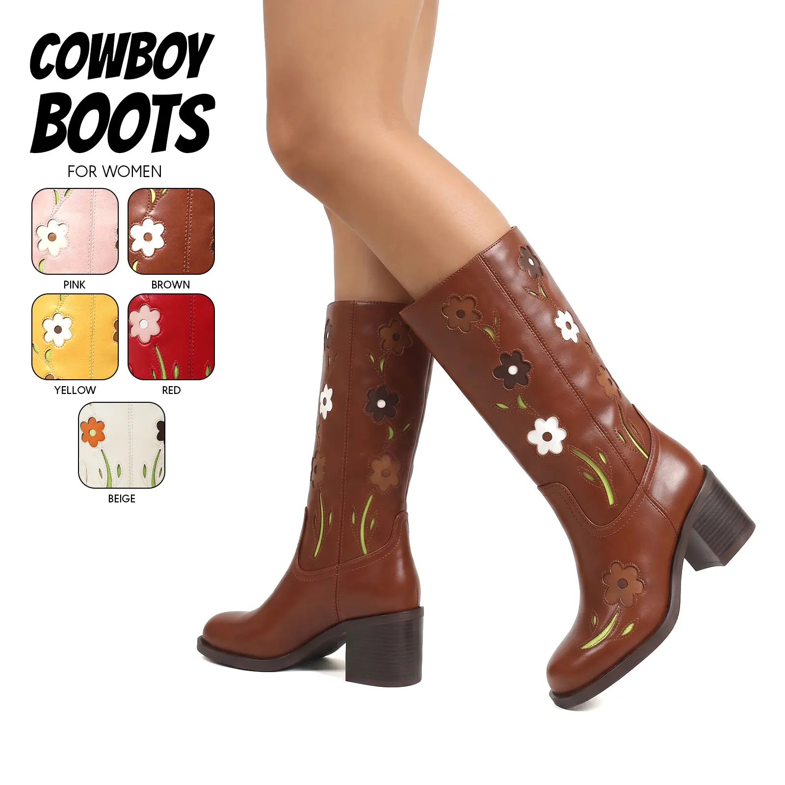 Cowboy Boots for Women Mid Calf Western Boots Round Toe Chunky Block Heel Floral Embroidery Pull On Cowgirl Boots Boho Festival Country Wedding Party Casual Retro Classic Boots