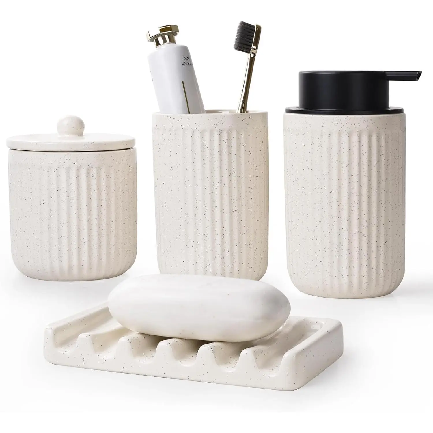 Ceramic Bathroom Accessories Set - Bathroom Counter Soap Set Beige Bathroom Decor Sets Accessories Bathroom Lotion Soap Dispenser and Toothbrush Holder Set, Soap Dish, Apothecary Jars