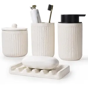 Ceramic Bathroom Accessories Set - Bathroom Counter Soap Set Beige Bathroom Decor Sets Accessories Bathroom Lotion Soap Dispenser and Toothbrush Holder Set, Soap Dish, Apothecary Jars