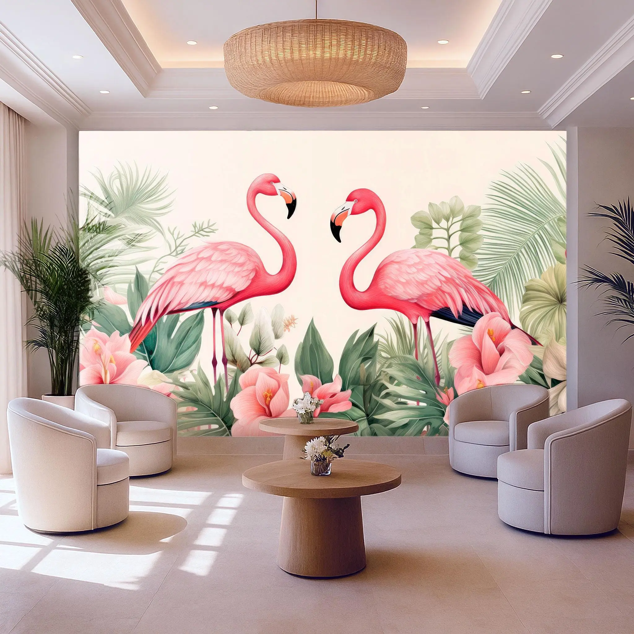 Pink Flamingo Peel and Stick Wallpaper – Tropical Jungle Mural with Flowers and Leaves for Spa, Lounge, Boutique Hotel, Nursery or Airbnb