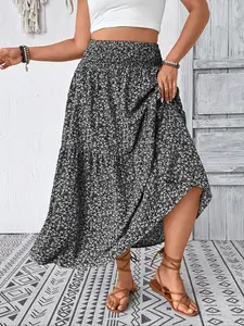 Plus Size Bohemian Ditsy Floral Midi Loose Casual Skirt Womenswear - Smocked Waist, Side Pockets (Casual/Work)