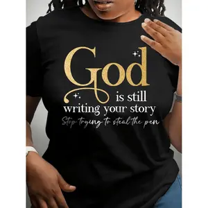 Divine Creativity Plus Size Women T shirts Featuring God Print Graphic Design Solid Short Sleeve Crew Neck Casual Top for All Seasons