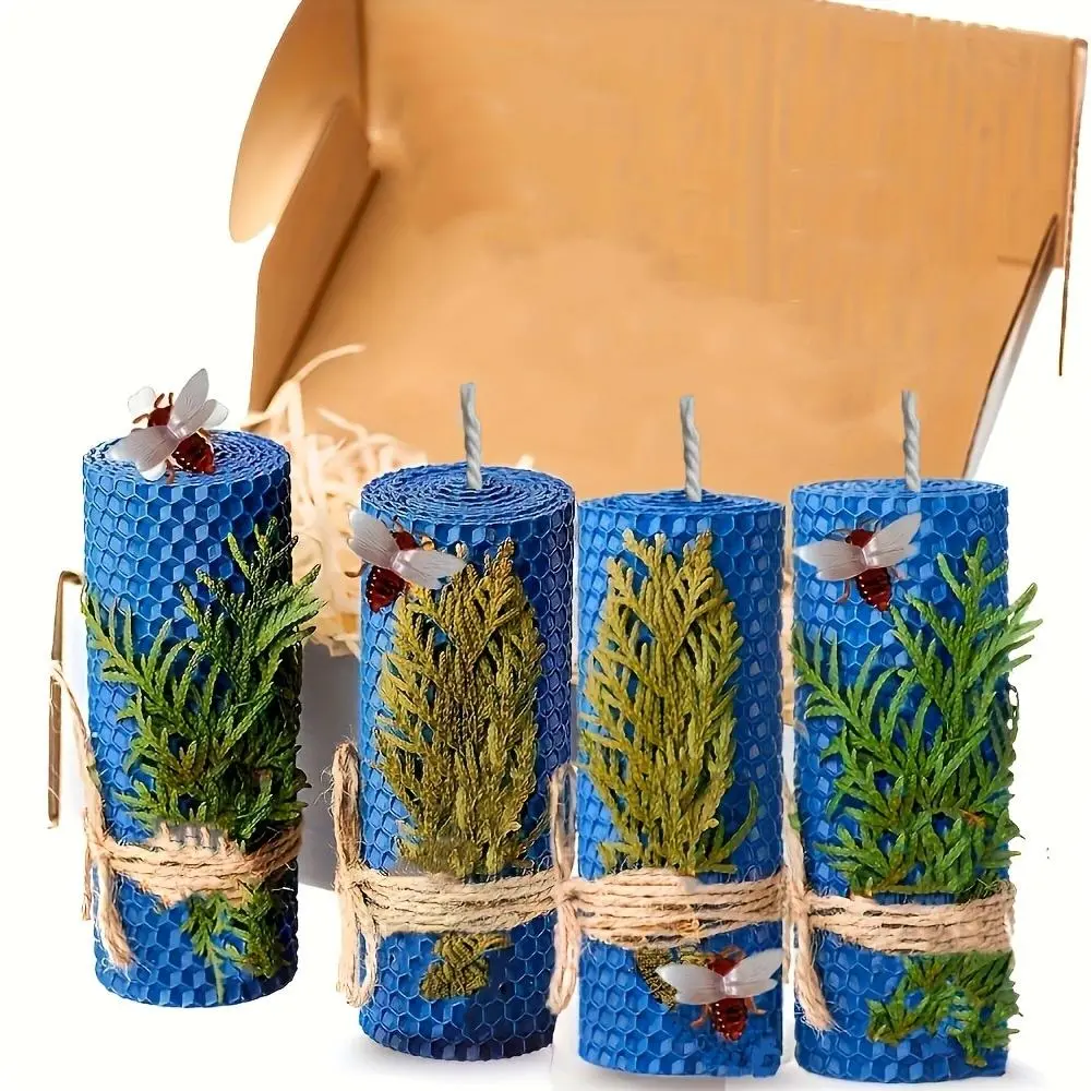 4pcs beeswax candle gift box, 4 hand rolled cylindrical candles, suitable for gifts and home decoration, honeycomb texture, suitable for birthdays, Christmas, Halloween, various holiday gifts