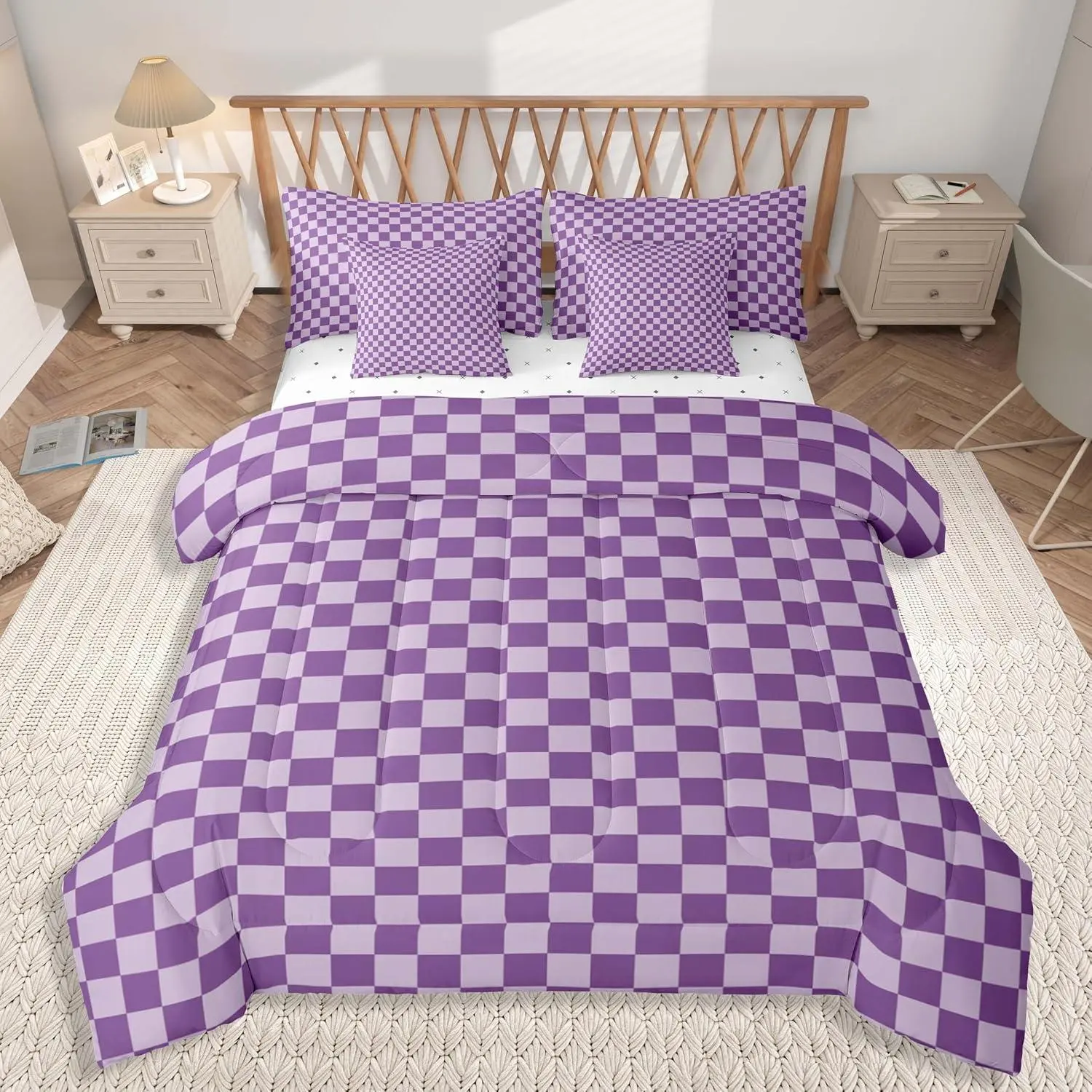 Purple Bedding Set 7Pcs Buffalo Plaid Comforter Set with Sheets Checkered Grid Bed in a Bag Soft Lightweight,Microfiber