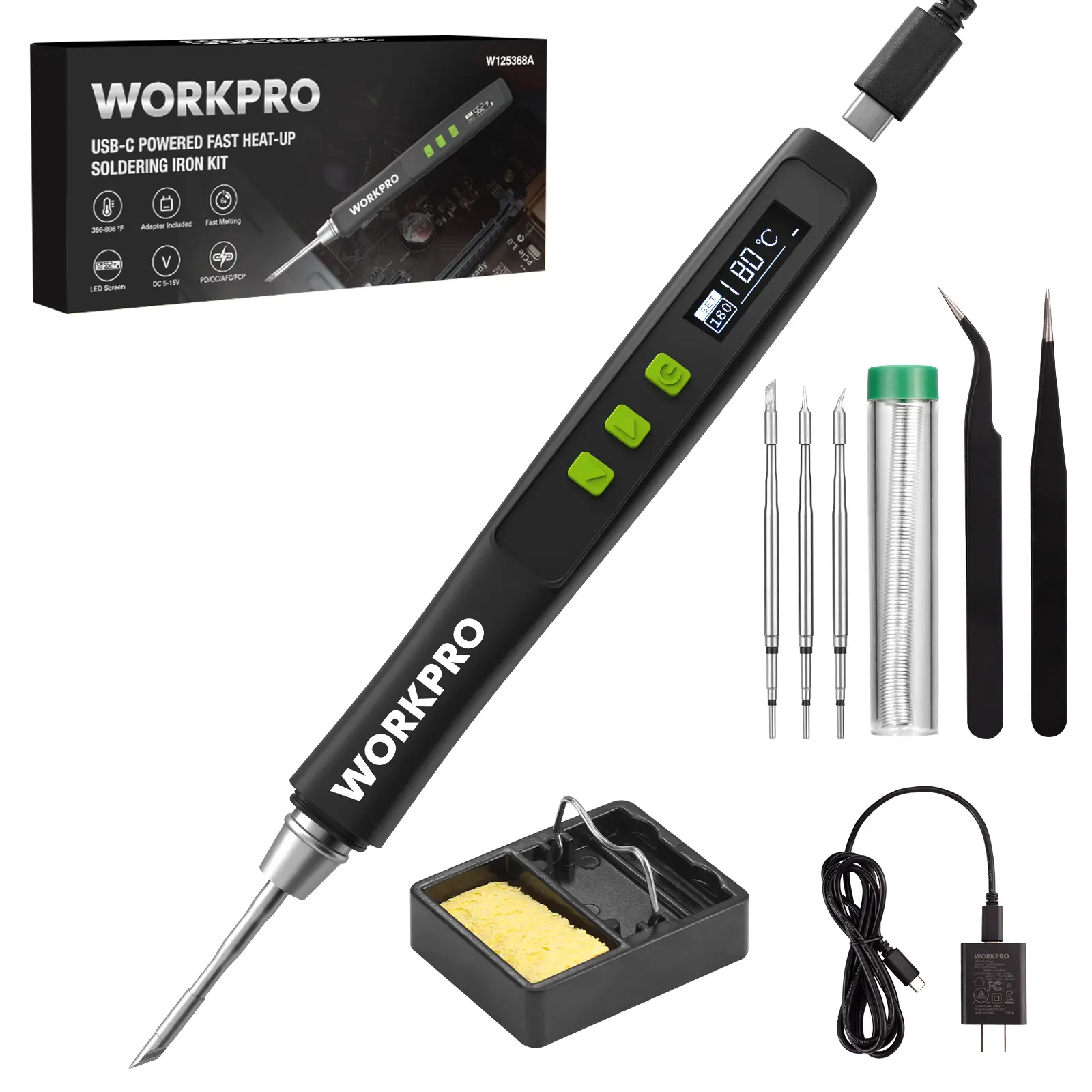 #fathersdaygift WORKPRO DC Soldering Iron Kit, Fast Heating Soldering Iron Pen with 3 Tips, Portable Lightweight Solder Iron for Electronics, Metal, DIY, Accurate Temp Control, OLED Screen Display, PD/QC Protocols