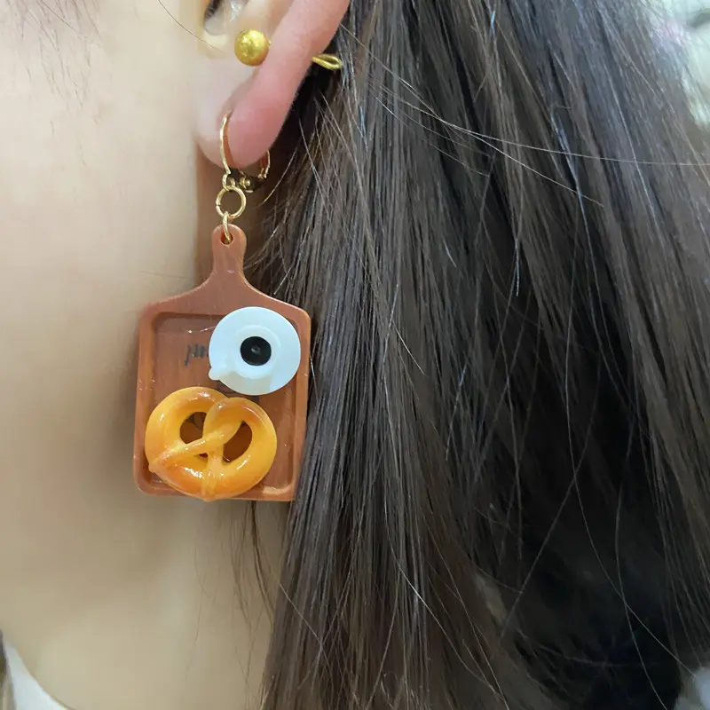 Miniature Food Earrings for Women, Realistic Coffee and Bread Dangle Earrings, Cute Pretzel Croissant Cake Wooden Board Drop Earrings, Novelty Foodie Gifts