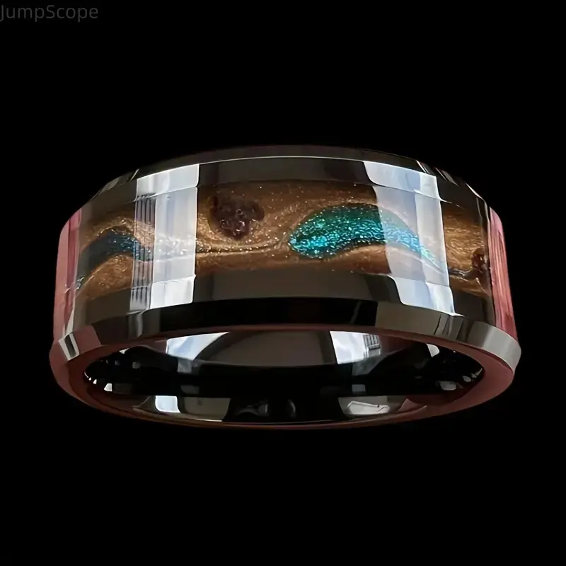 Handcrafted Tungsten Men's Wedding Ring - Blue Opal-Garnet Inlay, Meteorite Pattern Band, Adult Men's Jewelry & Accessories, Intimate Gift for Partner, Rings, Men's Accessories