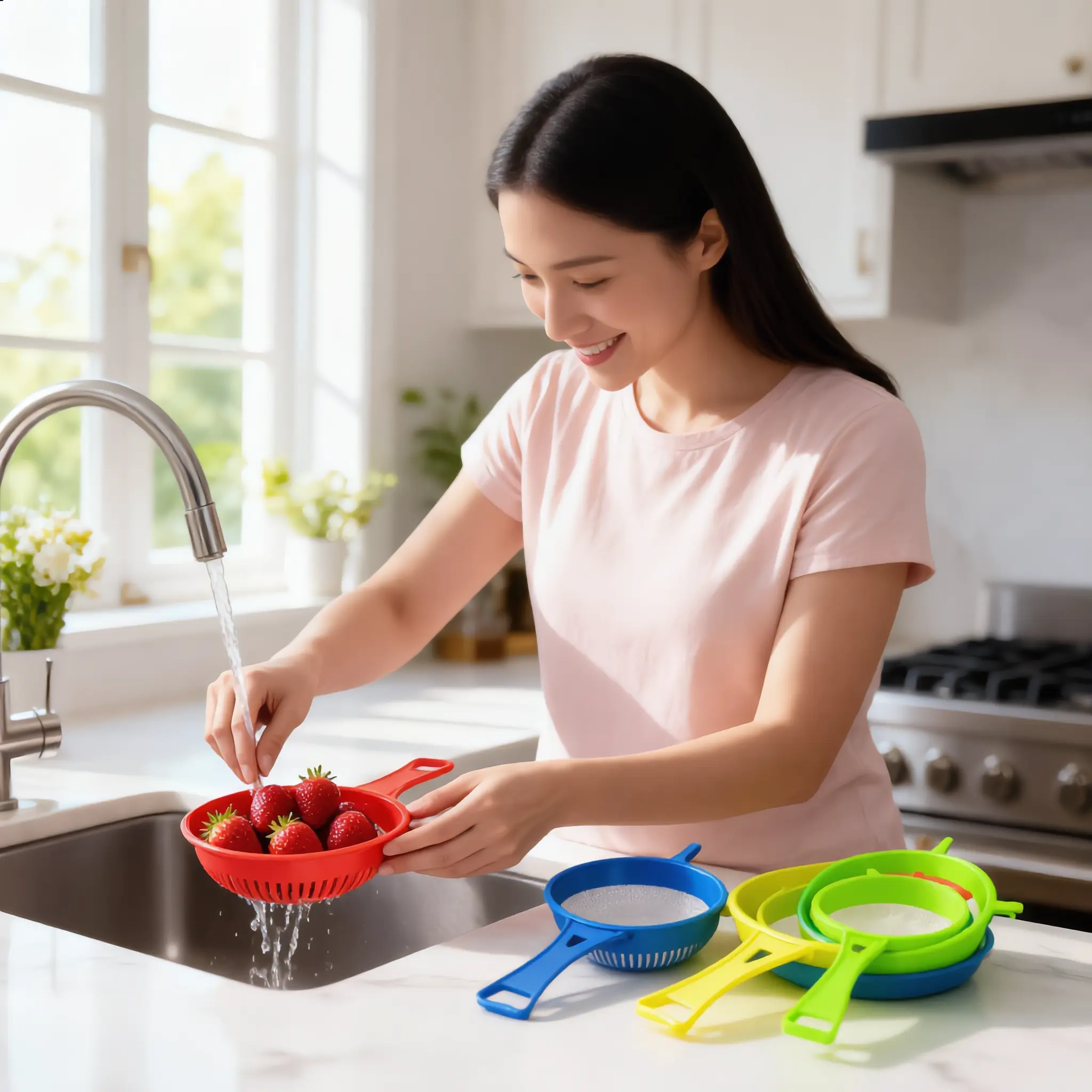 4PCS Plastic Mesh Kitchen Strainer Set - Fine Mesh Strainer with Handle, Multi-Size Sieve Colander Flour Sifter, Multifunctional Utensils for Bakers, Rice, Cookies, Household Kitchen Supplies, Hanging, Multifunctional Rice Strainer