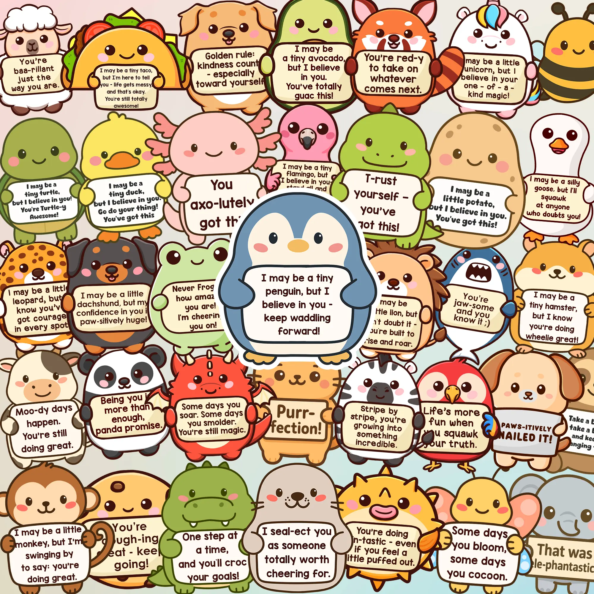 Tiny Cheer Squad 120PCS Emotional Support Animals Sticker Pack by Puraesla - Cute Holographic Inspirational Stickers for Water Bottles, Laptops, Phones, Positive Quote Vinyl