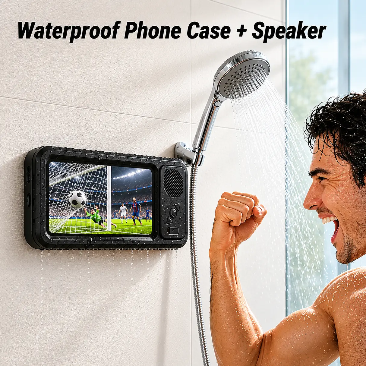 Wireless Waterproof Shower Phone Holder, IPX6 Grade Waterproof, 360 Degree Adjustable With Bluetooth Speaker & Touch Screen, Universal For Bathroom, Bathtub, Mirror & Kitchen, Fits 4-6.8 Inch Phones For Watching Videos & Playing Music