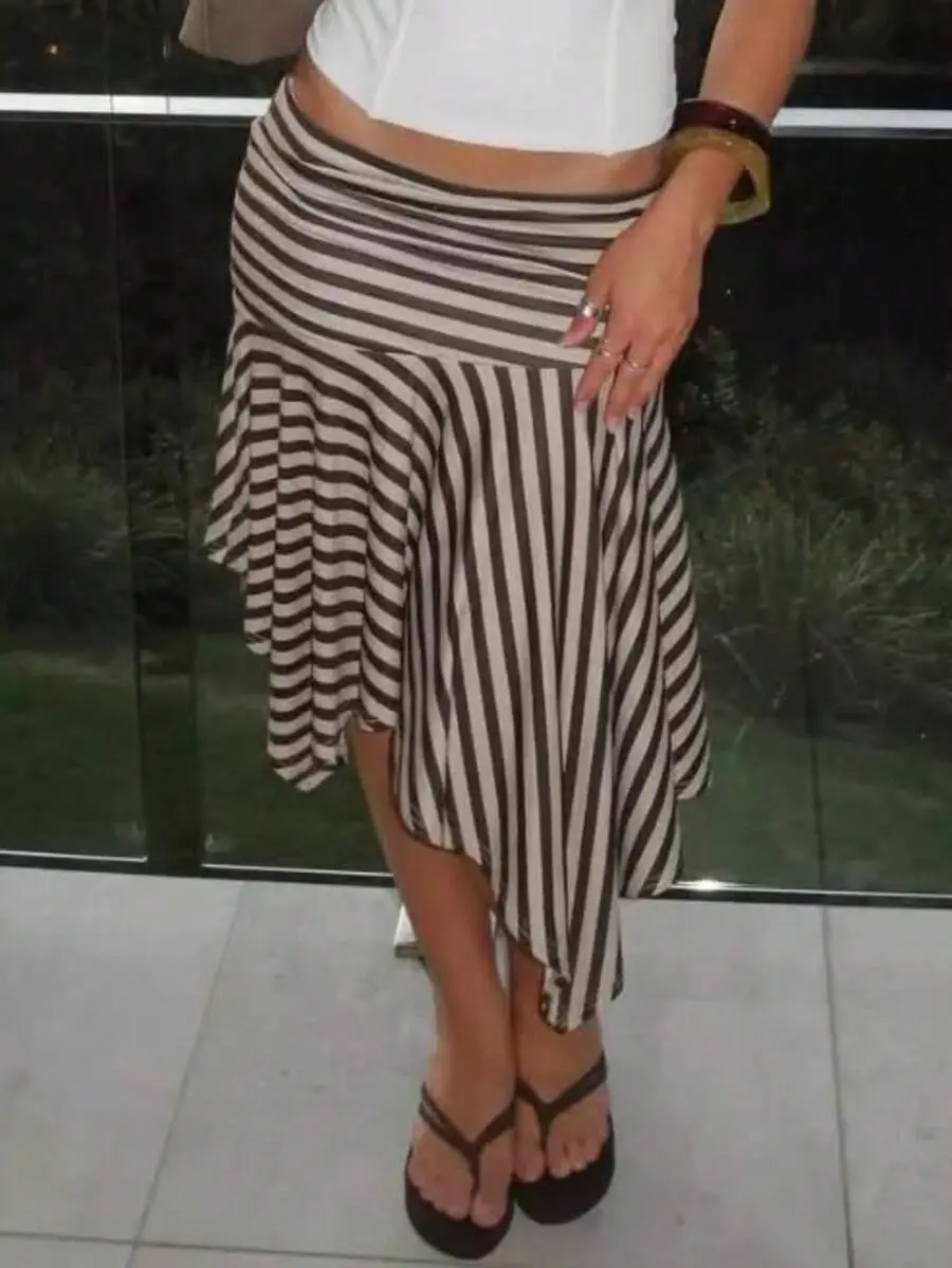 Women's Colorblock Striped Knit Skirt Asymmetrical Hem Casual Beach Vacation Summer Skirt