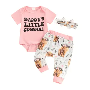 Newborn Baby Girl Western Outfits Daddys Little Cowgirl Short Sleeve Romper Highland Cow Long Pants Headband 3Pcs Clothes Set