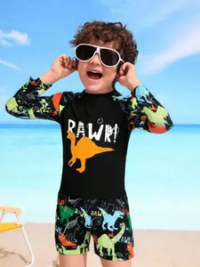 Boys' Long Sleeve Two-Piece Swimsuit Set, High Stretch Quick-Dry UV Protection, Baby Beach Swimwear Vacation