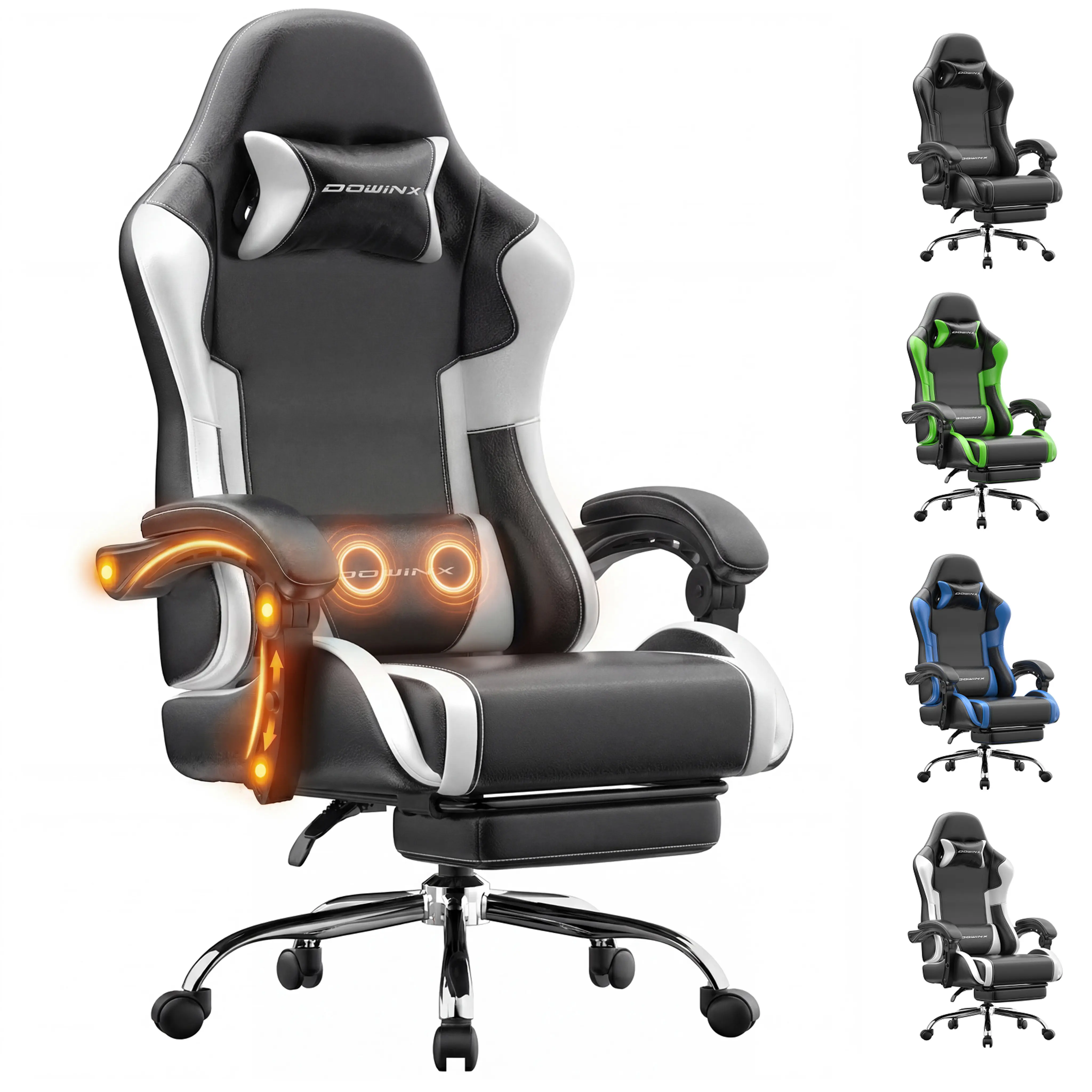 Dowinx Ergonomic Massage Lumbar Gaming Chair with Footrest , Ergonomic Computer Chair 330lbs with Headrest Pillow for Office, Home, Streaming and Long Gaming Sessions