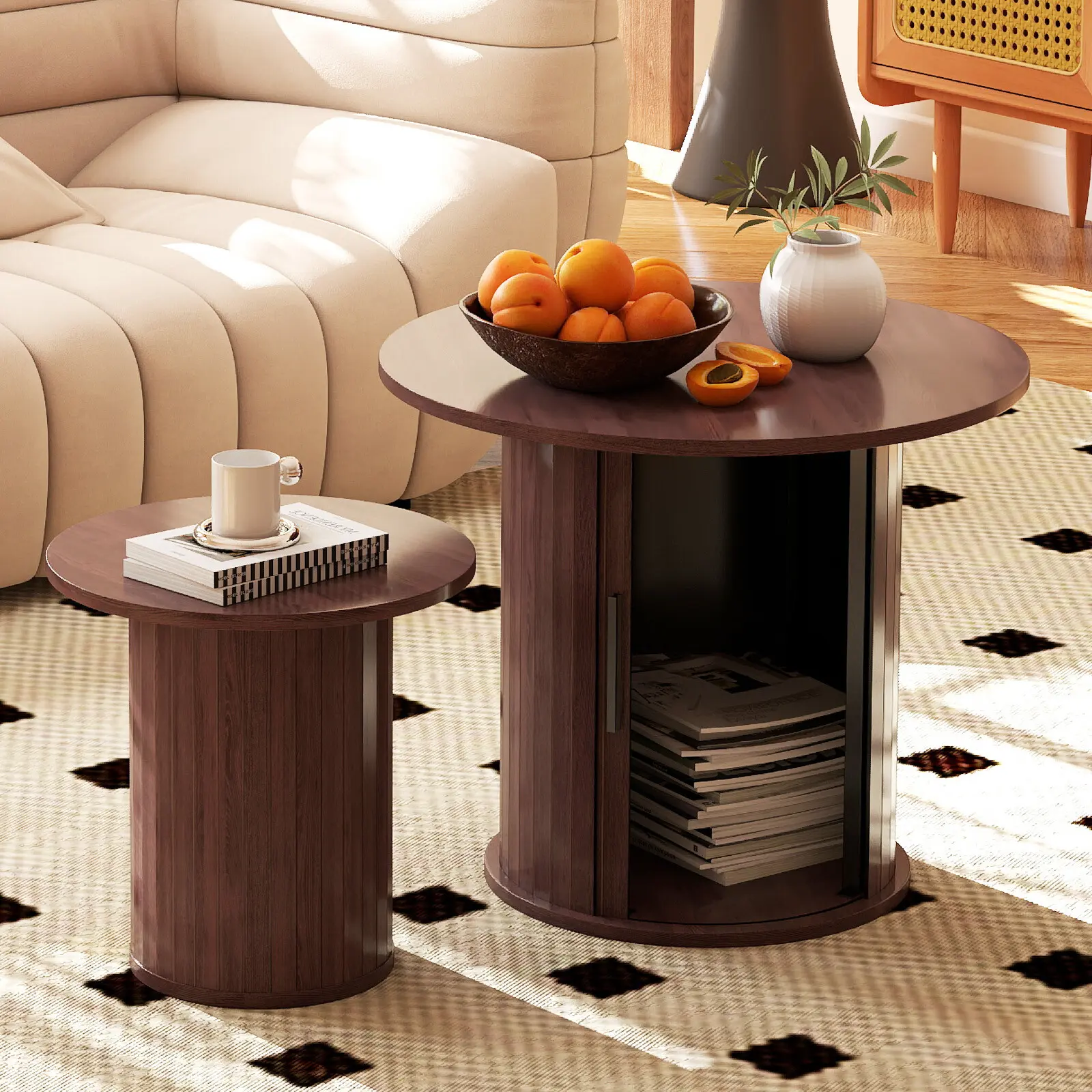 Nesting Coffee Table Set of 2 with Hidden Storage & Sliding Door 23.6" Circle Wood Modern Farmhouse Side End Tables for Living Room Small Spaces