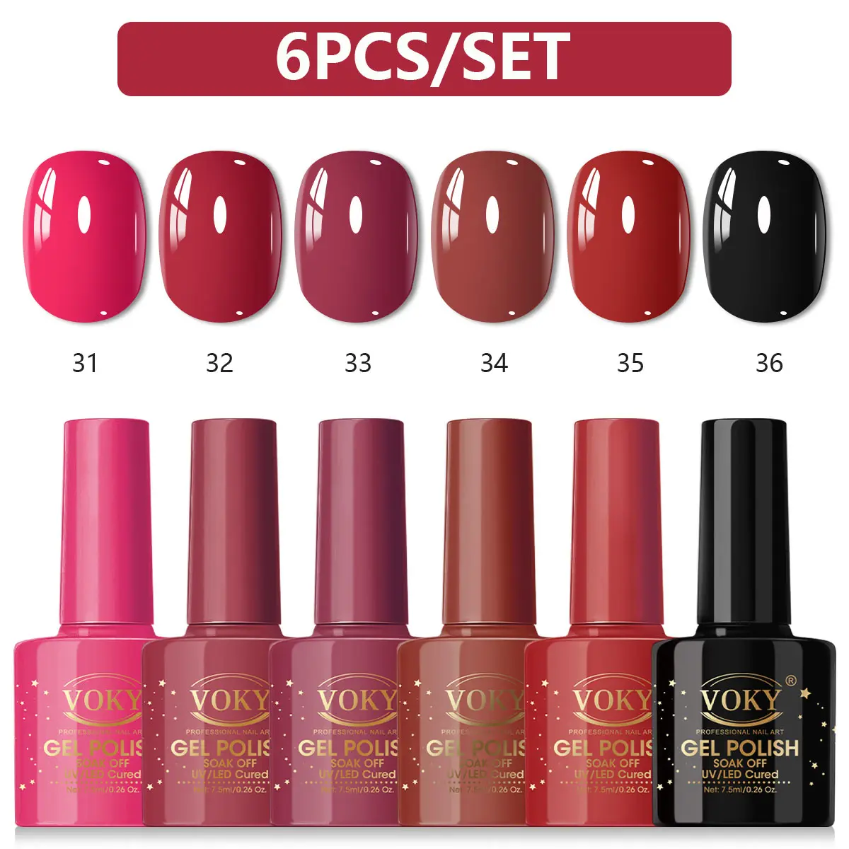 VOKY 6-Bottle Red Wine Collection Gel Nail Polish Multi-Pack, 5-Free Soak-Off UV LED Formula - Smooth, Wipeable Long-Lasting Glossy Nail Care Kit for Women's At-Home Manicure, Gel Nail Polish Set