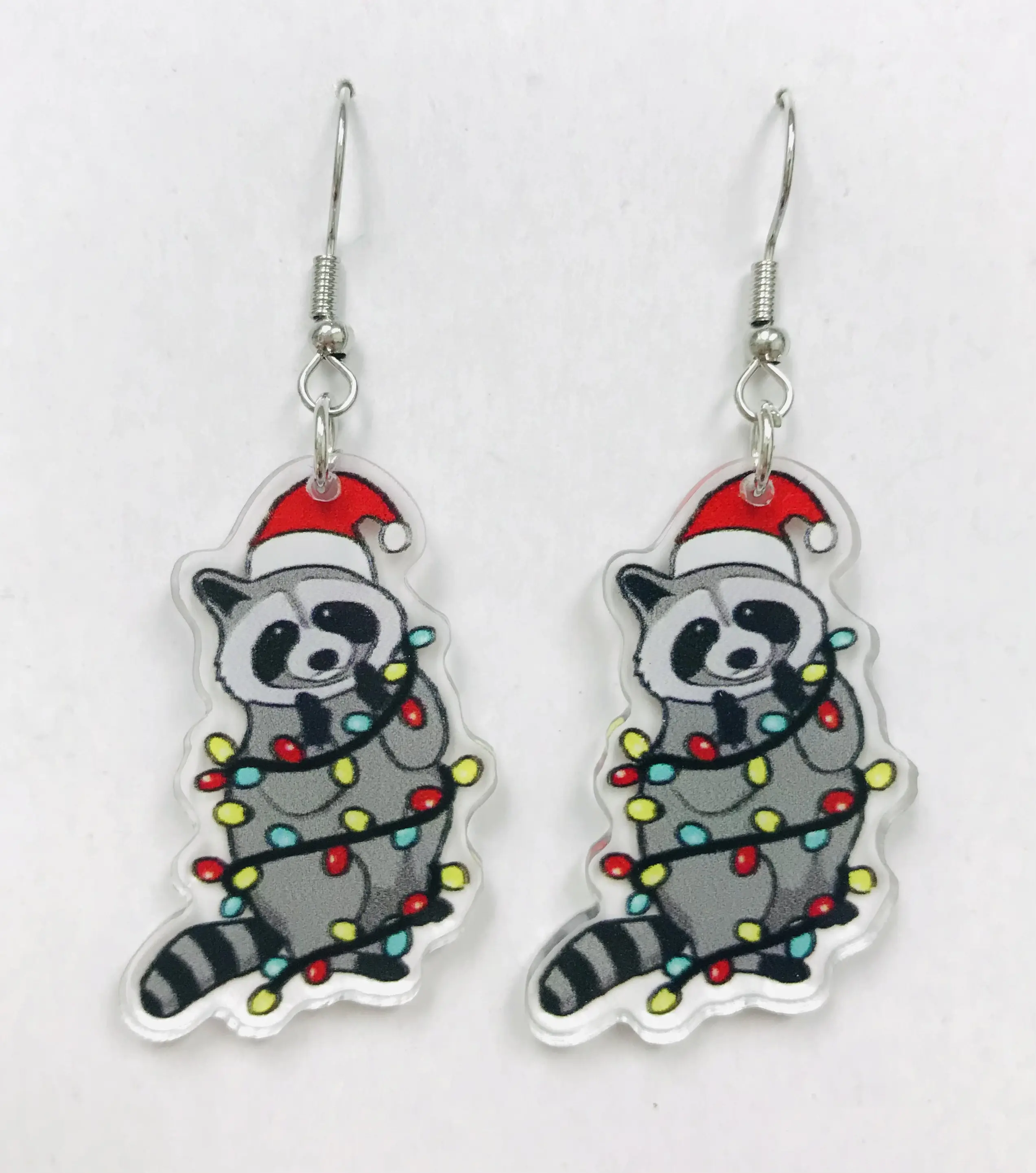 Raccoon with Christmas Lights earrings