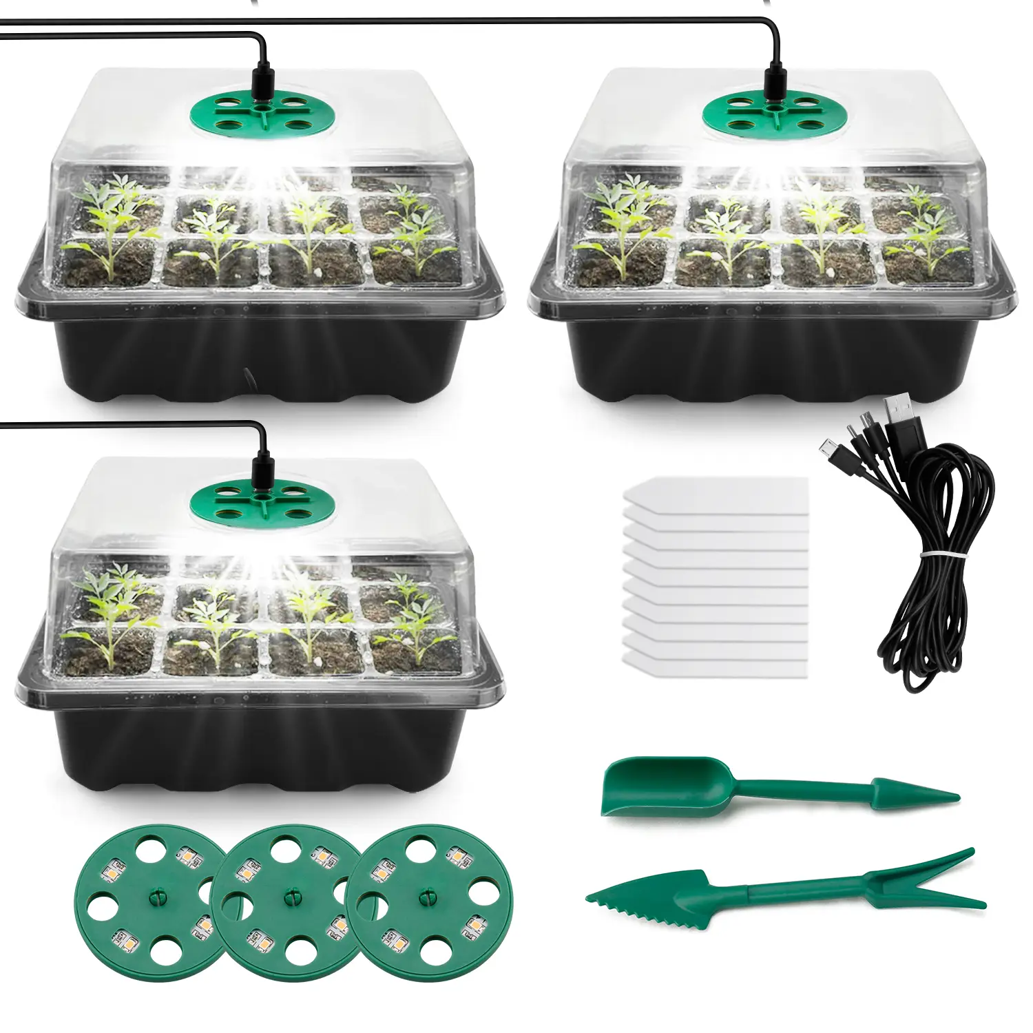 Seed Starter Tray, Plant Propagation Station with Grow Light, Mini Greenhouse Kit with Humidity Domes and Base, Plant Tray for ,Seedling Starter Trays with Grow Lights for Seed Staring, Indoor Gardening Plant Germination TraysSeeds Growing Starting