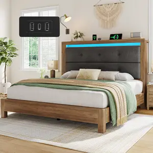 Raybee Luxury Wood Bed Frame with Upholstered Headbaord & Storage Shelf, Synic LED Bed Frame with Power Outlet for Full, Queen, King, Holds Up to 1000lbs with Wood Slats, Modern Rich Design, Farmhouse Decor