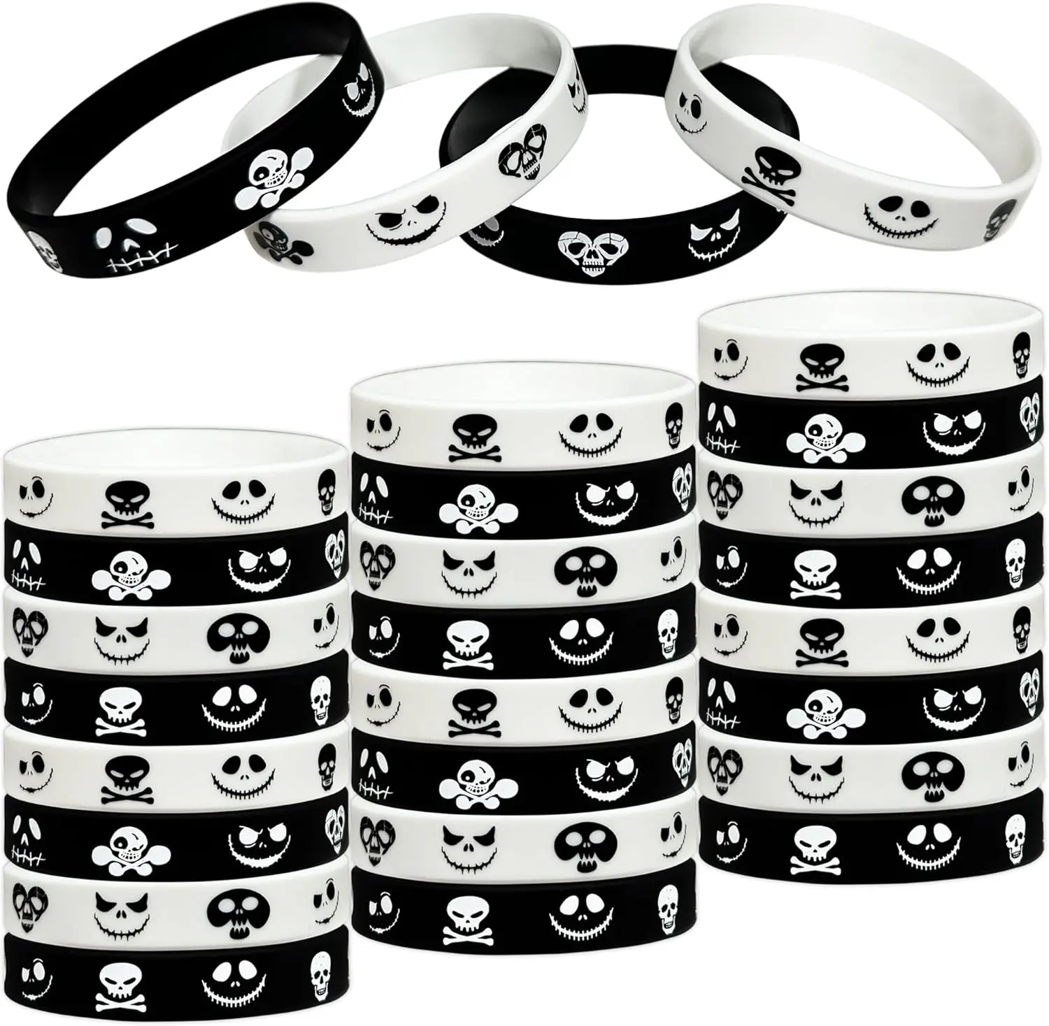 Halloween Skeleton Heads Rubber Bracelets Skull Heads Themed Party Supplies Happy Halloween Silicone Wristbands Halloween Party Gift Bag Fillers Goodie Bag Stuff, Set of 24 Counts