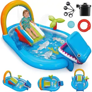 AKEYDIY Kids Inflatable Pool with Air Pump, Heavy-Duty PVC, Ocean Animal Theme (Rainbow, Coconut Tree, Coral, Shark), Built-in Ring Toss, Mini Slide & Ball Toss Game, Indoor & Outdoor Summer Water Play Center for Toddlers