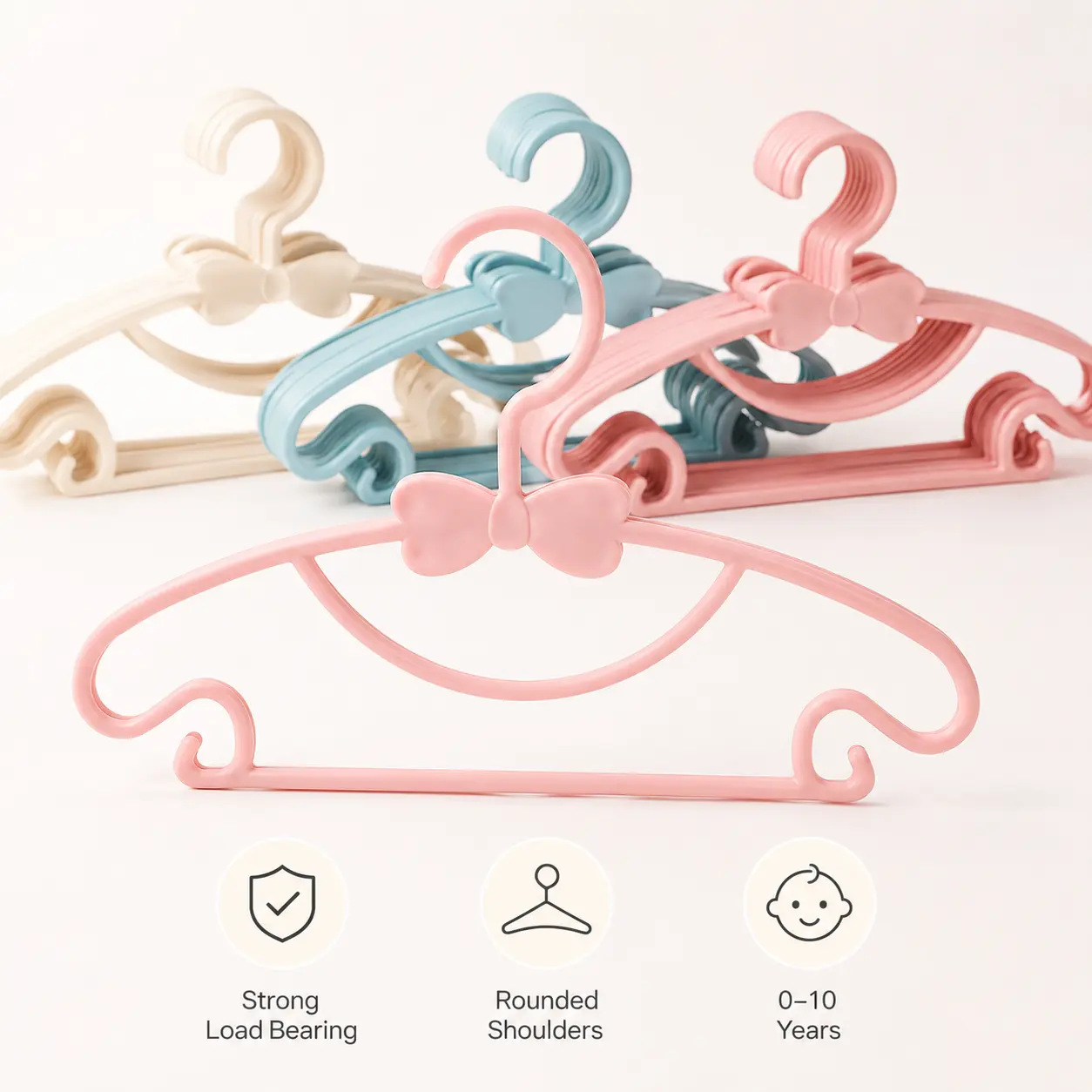 5-Count Children's PP Plastic Clothes Hangers - Bow Decor, Smooth, Flexible, Non-Deformable Curved Design, Organiser for Hanging 0-10 Years Old Kids' Closet Clothes Storage (Flexible Plastic Hangers & Pegs Category)