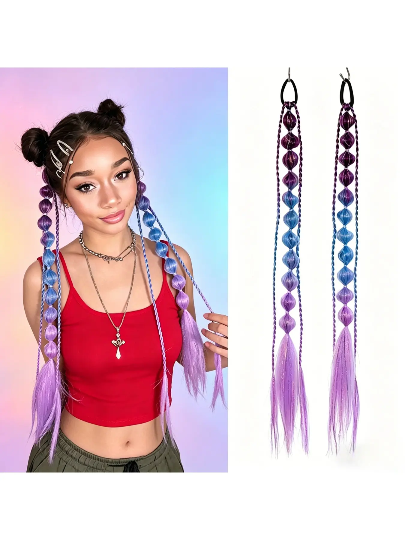 2-Pack Colorful Bubble Braid Twin Ponytail Elastics, Blue Gradient Hand-Tied Braids, 22-Inch Synthetic Fiber Wigs for Daily Styling