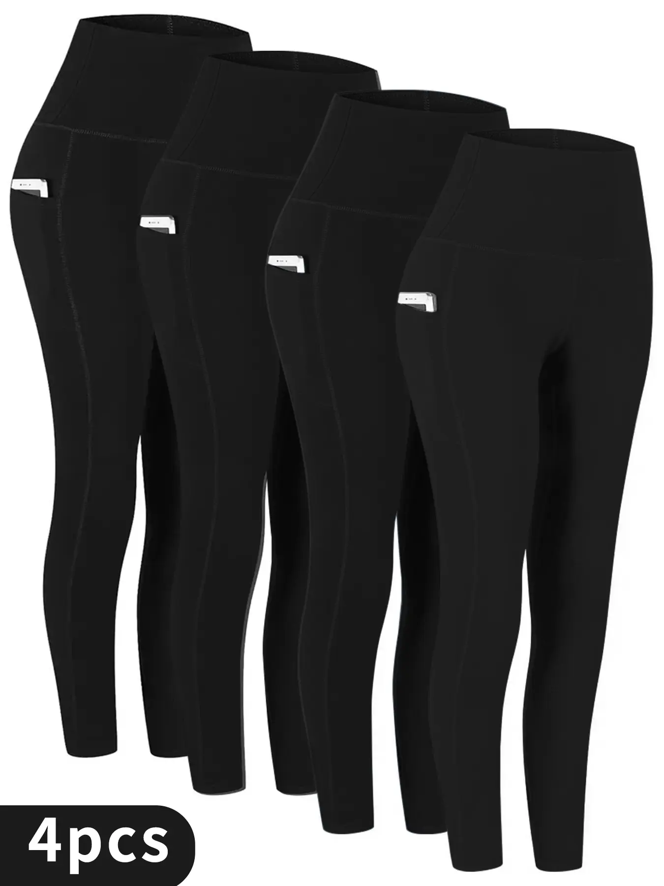 Women's 4-Pack Stretchy High Waist Shaping Leggings, Polyester Cropped Athletic Pants with Pockets, Tummy Control, Booty Lift, Breathable Knit Fabric, All-Season Women's Pants Multi Pack