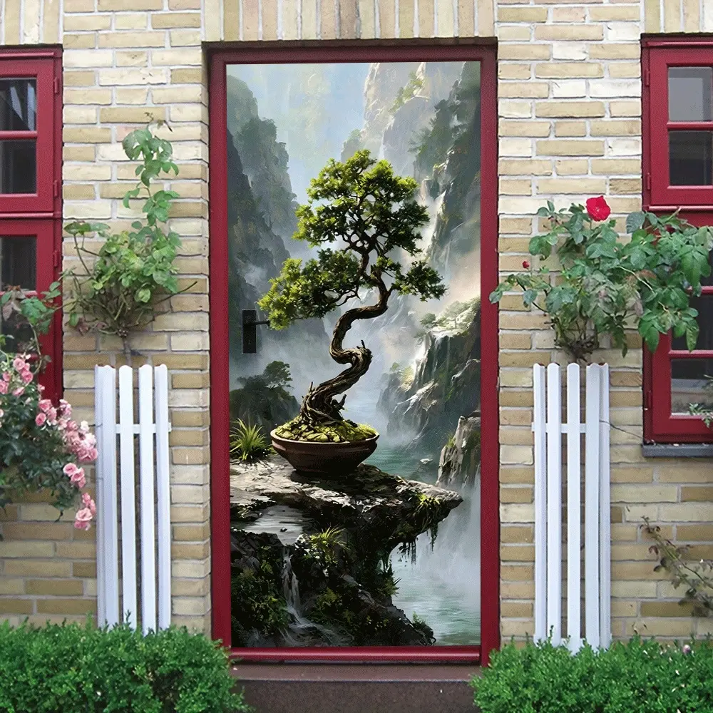 2pcs Chinese Style Landscape Bonsai Vinyl Wall Stickers Decorative Creative Home Decor Decals Self Adhesive Mural for Living Room Entrance Waterproof Removable PVC Zen Green Plant Scenery Wall Art for Bedroom Study Ro