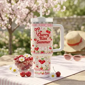 Cherry Kiss Summer 40oz Tumbler, Cute Coquette Cherry Cup, Pink Aesthetic Gift