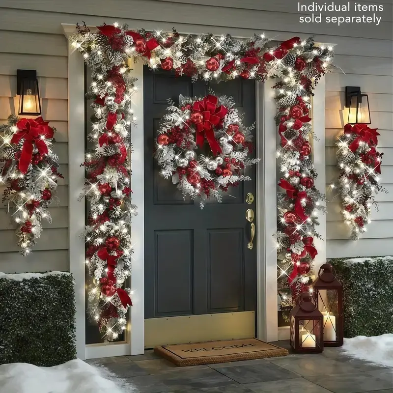 Christmas Decoration Pre-Lit Artificial Teardrop Wreath, Staircase Handrail Wall Window Decor, Pine Needles Berries, Holiday Home Decor, DIY Ornament, Ornaments Decoration, Decorative Ornaments