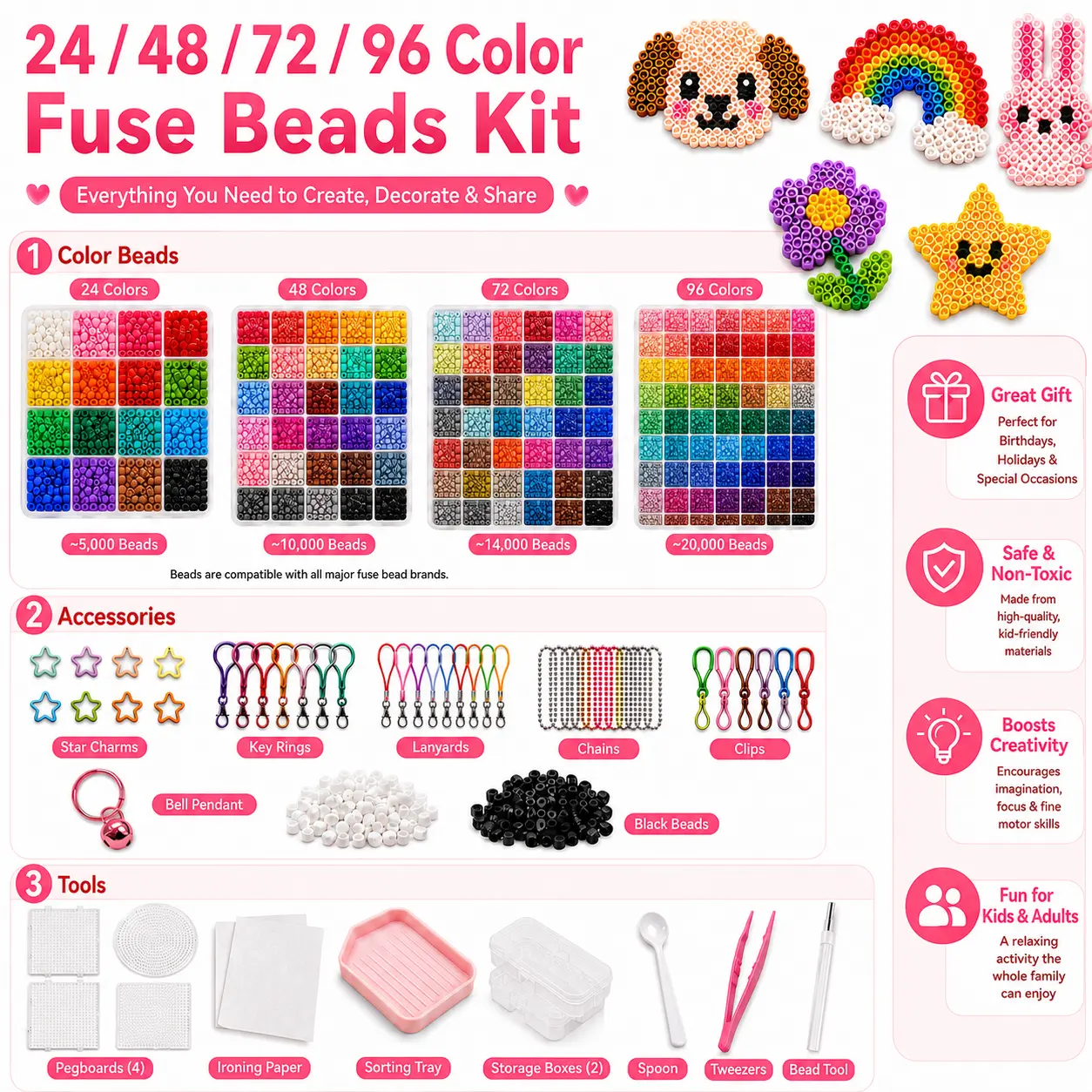 Love Pixel 2.6mm Plastic Fuse Beads Set (24/48/72/96 Colors) - 3D Pixel Puzzle DIY Craft Kit with Nail Board, Ironing Paper, Tweezers, Beading Accessories for Costume Jewelry, Keychains