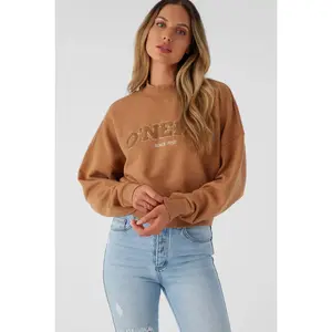 O'NEILL Women's Tan Solid Cotton Soft Everyday Casual Long-Sleeve Cropped Oversized Fleece Pullover Hoodie, NWT, S-L Sizes (Pairs Well with Leggings)