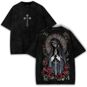 Men's Unisex Baggy Casual Loose Round Neck Vintage Virgin Mary Graphic T-Shirt, Retro Heavyweight Acid Wash Dark Gothic Cross Grunge Streetwear Short-Sleeve Crewneck Alternative Top