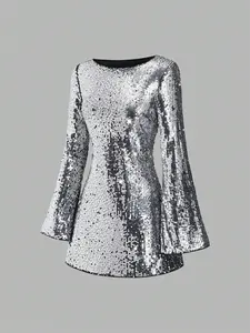 Women's Christmas Party Sequin Dress, Shiny Dress, New Year Outfit, Suitable For Spring, Autumn, Winter, Party, Commute, Daily, Travel, Holiday, Pink Waist Flare Long Sleeve A-Line Short Dress