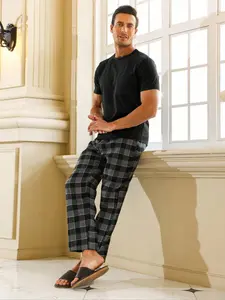 Men's Pocket Plaid Print Pyjama Two-piece Set, Regular Fit Short Sleeve T-shirt & Elastic Waist Trousers, Men's Sleepwear Set for All Seasons Pajamas