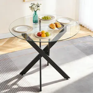36" Round Dining Table for 4, Modern Clear Glass Kitchen Table for 4 with Black X Metal Legs, Contemporary Small Circle Dining Room Leisure Tables for Kitchen Apartment