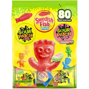 SOUR PATCH KIDS & SWEDISH FISH Mini Soft Chewy Candy Variety Pack, Bulk Individually Wrapped Treat Size Snacks, 80 Count Box for Sharing