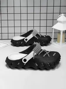 1 Pair of Couple Style Color-Block Trendy Clog Sandals| Edgy Fashion Style | Multiple colors available+ Chunky Rope Laces + 3D Texture | Street Snaps / Fashion Looks / Camping, Unique & Stylish Slides Footwear