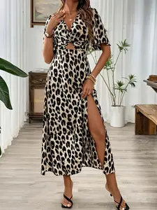 Leopard Print V-Neck Cutout Maxi Dress with Slit - Women's Casual Chic Statement Party Dress Womenswear Leopard Print Cocktail Dress with Cutout