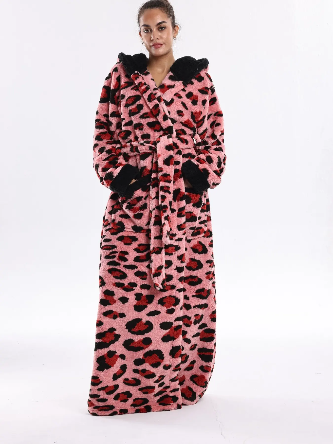 Elegant Coffee Color Leopard Print Flannel Bathrobe, Hooded Waist Belt Pocket Design, Unisex One Size Fits All, Soft Comfortable Homewear Gift