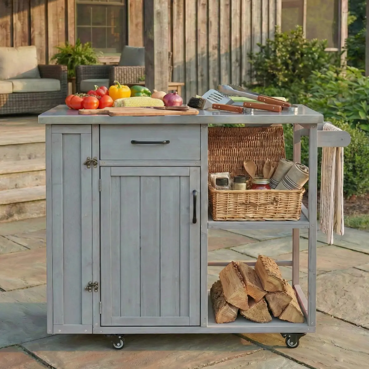 [Fahuac] Modern Wood Outdoor Kitchen Island - 40.5x18.5x35.6in Sturdy Construction, Easy-to-Clean Stainless Steel Top, Locking Wheels, 220-lb Countertop Capacity, Assembly Required for Campfire/BBQ Party