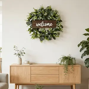 4pcs Eucalyptus Wreath with Welcome Sign Artificial Greenery Wreath Set with Hook & Rope for Front Door Home Decor All Season Trending Viral Farmhouse Decor