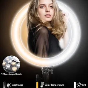 21-in Plastic LED Ring Light with Adjustable Brightness, Color Temperature, Remote Controller, Selfie Function, 75-in Tripod, Smartphone Accessories & Storage for YouTube Live, Online Meetings