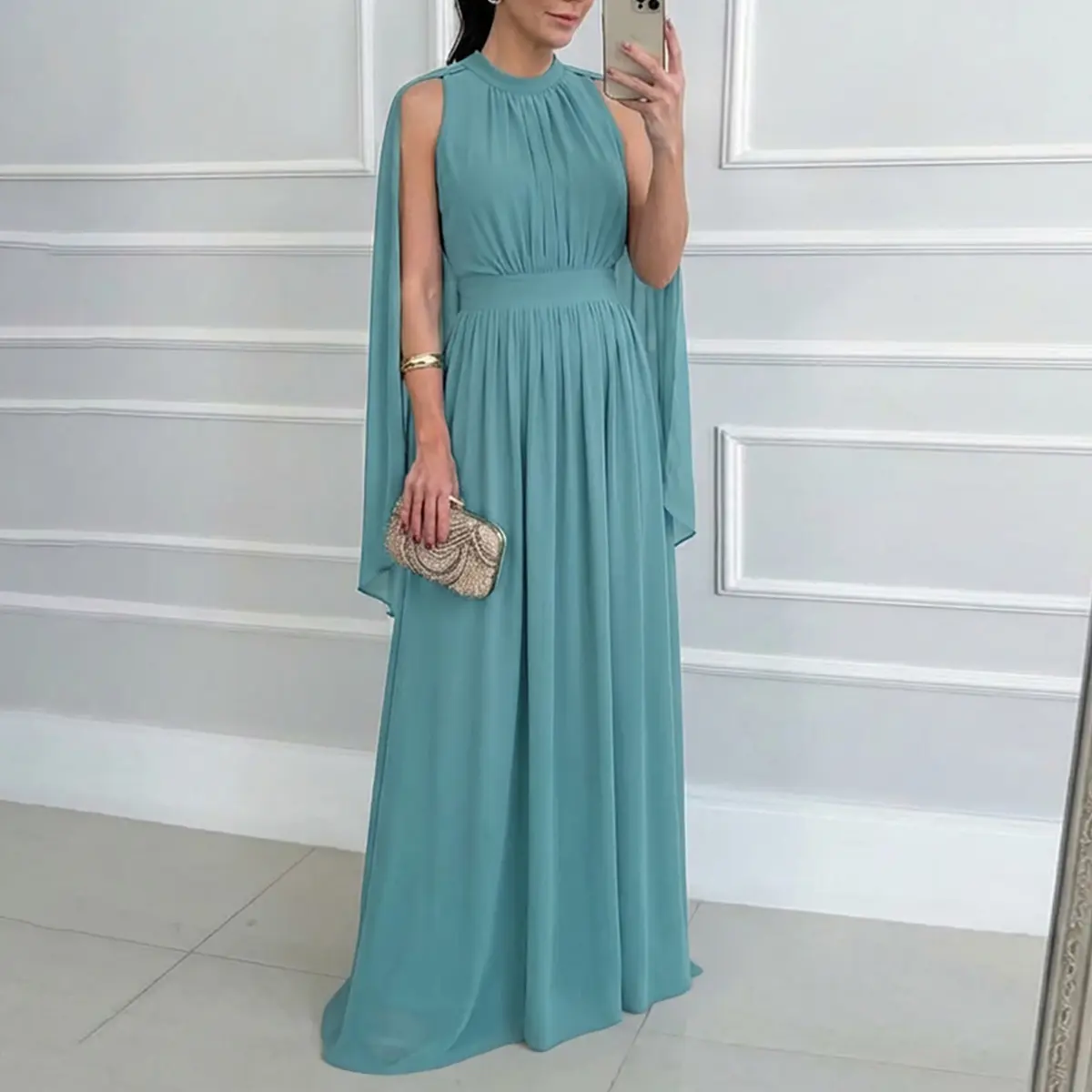 CHICME Women's Elegant Capelet Chiffon Maxi Dress Sleeveless Flowy Evening Gown for Wedding Guest Ruched High Waist Modest Formal Dress for Womenswear