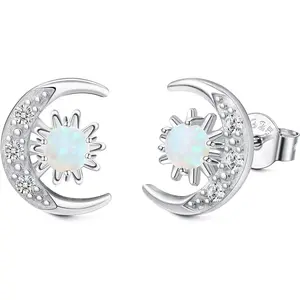Ladies' Square Zirconia Crescent Moon Star Earrings Low Allergy Artificial Opal Earrings, Suitable for Sensitive Ears
