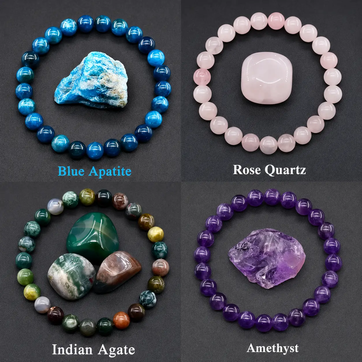 4-piece natural crystal energy bracelet set for women: amethyst, blue apatite, chalcedony, and Indian agate round beads; European/American style fashion healing jewelry gift