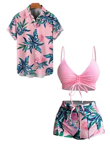Hawaii Couple Outfit Women's Solid Color Cinched Swim Top Tropical Plant Leaf Pattern Bowknot Boyshorts Tankini Set and Men's Roll Up Sleeve Shirt Vacation Outfit
